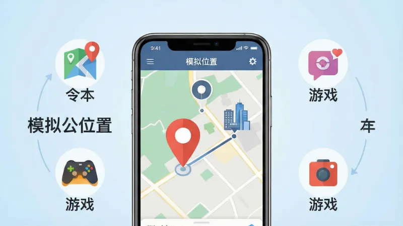 一张展示模拟位置软件核心功能的场景图。画面中央是一部智能手机，屏幕上显示着模拟位置软件的界面，地图上有一个醒目的定位标记从真实位置移动到另一个城市。手机周围环绕着几个图标，分别代表导航、社交、游戏等使用场景。背景是简洁的浅蓝色渐变，整体风格现代扁平，布局清晰，文字标注“模拟位置”清晰可见，画质干净无多余元素。