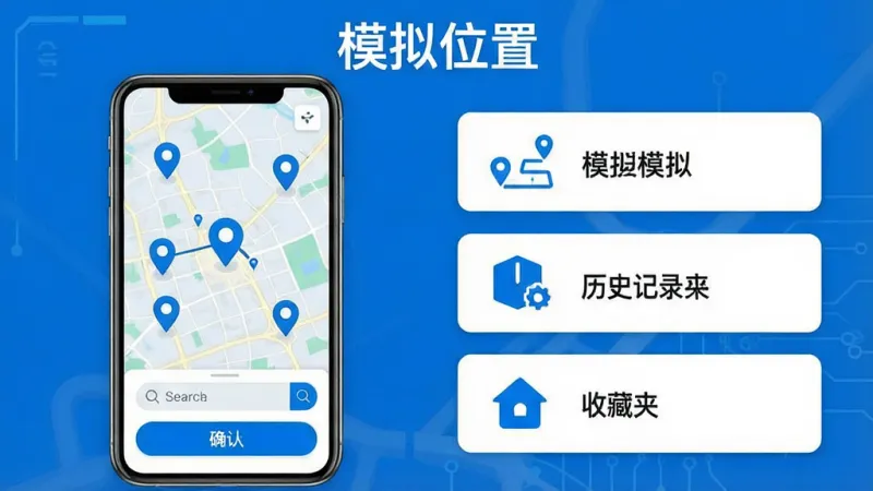 一张展示模拟位置软件功能特色的示意图。画面左侧展示手机屏幕上的地图界面，地图上有多个定位标记点分布在不同的城市位置，屏幕下方有搜索框和确认按钮。画面右侧用简洁的图标展示路线模拟、历史记录、收藏夹三个功能模块。整体风格为科技蓝白配色，布局清晰，文字“模拟位置”出现在界面顶部，画质干净无多余元素。