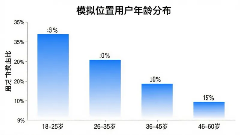 一张展示模拟位置用户年龄分布的柱状图。横轴为年龄段：18-25岁、26-35岁、36-45岁、46-60岁，纵轴为用户人数占比。柱状图显示18-25岁占比约35%，26-35岁占比约30%，36-45岁占比约20%，46-60岁占比约15%。图表配色为蓝白渐变，风格简洁现代，标题为“模拟位置用户年龄分布”，文字清晰，画质干净无多余元素。