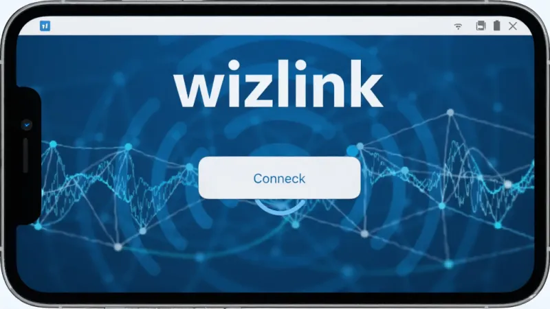 一张展示wizlink软件界面的手机截图，画面中心是简洁的连接按钮，背景是科技感十足的蓝色网络信号波纹，软件名称