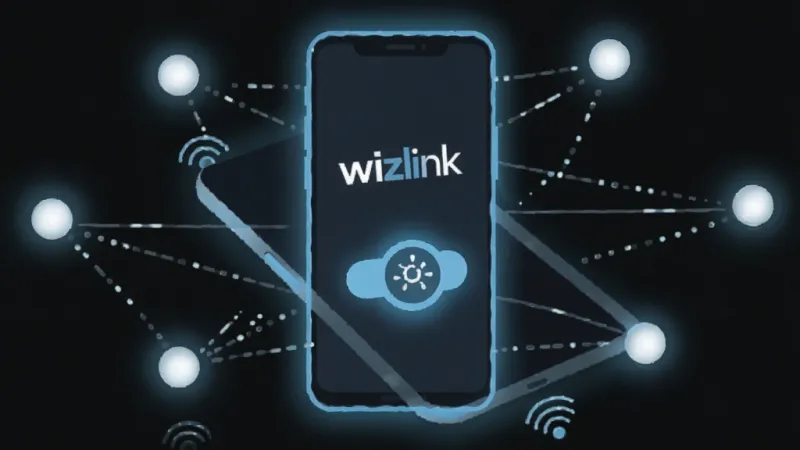 一幅展示wizlink智能连接功能的插画，画面主体是一个发光的智能手机，屏幕上显示着