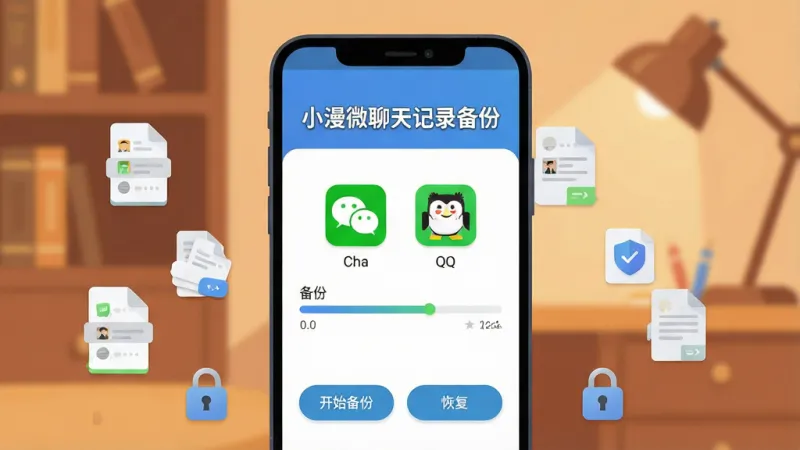 一张展示小漫微聊天记录备份软件核心全貌的场景图，画面中央是一部安卓手机，手机屏幕上显示着小漫微聊天记录备份的主界面，界面顶部有醒目的“小漫微聊天记录备份”文字标题，中间是微信和QQ的图标以及备份进度条，底部有开始备份和恢复按钮，手机周围散落着聊天记录文件图标和加密锁图标，背景是温暖的书房色调，布局居中对称，风格现代扁平化，细节圆润清晰，画质干净无多余元素，整体氛围让人感觉数据很安全。
