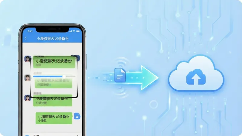 一张展示小漫微聊天记录备份软件一键备份功能的示意图，画面左侧是一部手机正在扫描聊天记录，右侧是一个云端存储的图标，中间用一条发光的箭头连接，手机上显示“小漫微聊天记录备份”的界面和扫描进度条，箭头旁边有文件传输的动画效果，背景是淡蓝色科技感渐变，布局左右对称，风格简洁明快，细节清晰锐利，画质干净无多余元素。