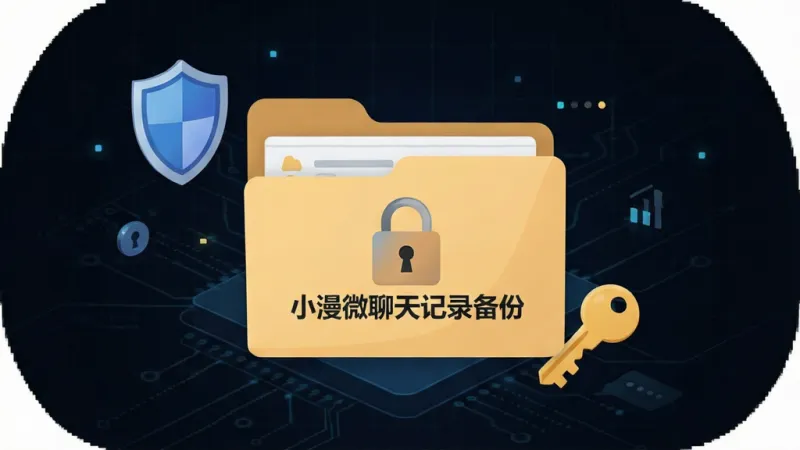一张展示小漫微聊天记录备份软件本地加密存储功能的示意图，画面中央是一个带有锁形图标的文件夹，文件夹上写着“小漫微聊天记录备份”，文件夹周围有盾牌和钥匙的图标，背景是深色系的科技网格纹理，布局中心突出，风格安全稳重的扁平化设计，细节精致，画质干净无多余元素。