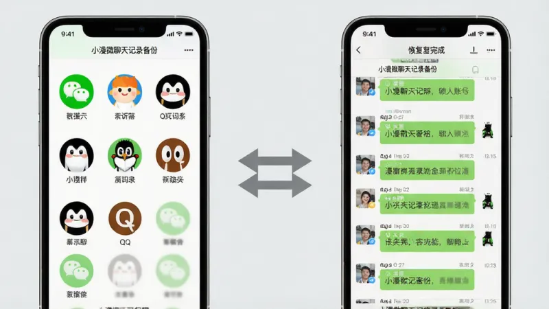 一张展示小漫微聊天记录备份软件多账号兼容功能的示意图，画面中左右各有一部手机，左边手机显示多个微信和QQ账号头像，右边手机显示恢复完成的聊天列表，中间有双向箭头连接，手机上都有“小漫微聊天记录备份”的界面元素，背景是浅灰色简洁风格，布局左右对比清晰，细节干净利落，画质清晰无多余元素。