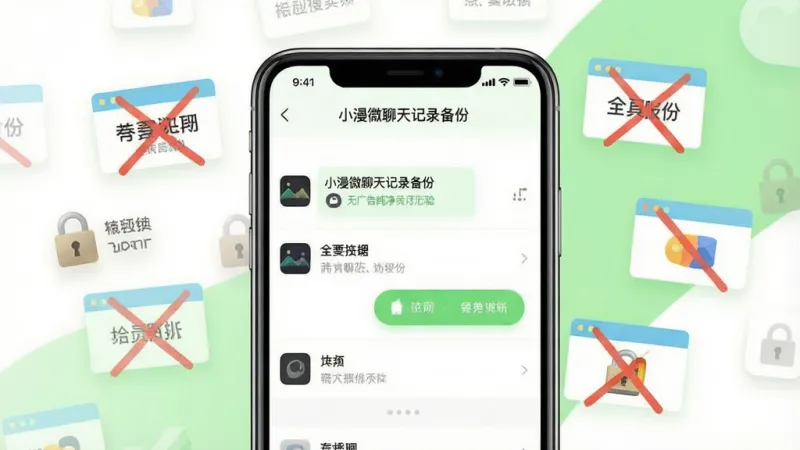 一张展示小漫微聊天记录备份软件无广告纯净体验的示意图，画面中央是一部手机显示“小漫微聊天记录备份”的清爽主界面，周围飘浮着被划掉的广告弹窗图标和会员锁图标，背景是明亮的白色和浅绿色搭配，布局中心突出，风格干净清爽，细节简洁，画质干净无多余元素。