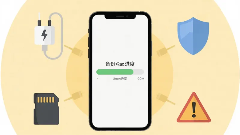 一张展示小漫微聊天记录备份软件操作注意事项的示意图，画面中央是一部手机显示备份进度条，手机周围有充电器图标、存储卡图标、盾牌图标和警告三角形图标，背景是柔和的浅黄色调，布局围绕手机呈环形排列，风格简洁明了的扁平化设计，细节清晰，画质干净无多余元素。