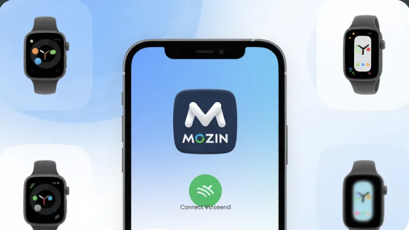 一张展示MOZIN应用核心界面的图片,手机屏幕中央显示MOZIN的logo和连接成功状态,周围环绕着智能手表、手环等设备图标,背景是柔和的蓝白渐变色调,布局简洁清晰,风格现代扁平化,细节圆润,画面干净无多余元素,高清画质