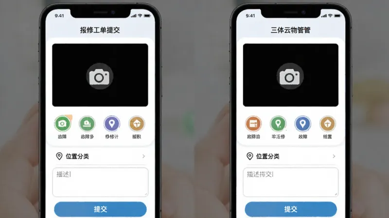 三体云物管一键报修功能界面，手机屏幕显示报修工单提交页面，上方有拍照上传区域，中间是故障分类图标，下方有位置选择和描述输入框，底部有提交按钮，背景为白色卡片式设计，风格简洁清晰，画质干净，无多余元素