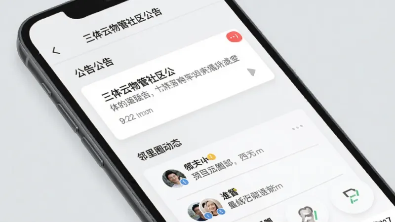 三体云物管社区公告与邻里互动界面，手机屏幕显示公告列表和邻里圈动态，公告卡片带有红色未读标记，邻里圈有用户头像和简短文字动态，背景为浅灰色，布局清晰，风格现代扁平，画质干净，无多余元素