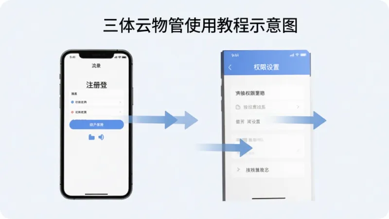 三体云物管使用教程示意图，手机屏幕显示注册登录流程和权限设置页面，画面中有箭头指引操作步骤，背景为浅色，风格简洁直观，画质干净，无多余元素