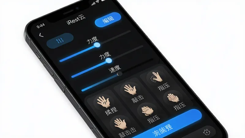 一张手机应用界面的截图风格图片，展示“iRest云”的自定义按摩模式编辑页面，屏幕上有滑块调节力度、速度，以及各种按摩手法的图标（揉捏、敲击、指压等）。界面背景为深色模式，按钮和滑块有蓝色高光，科技感十足。画质干净，文字清晰。
