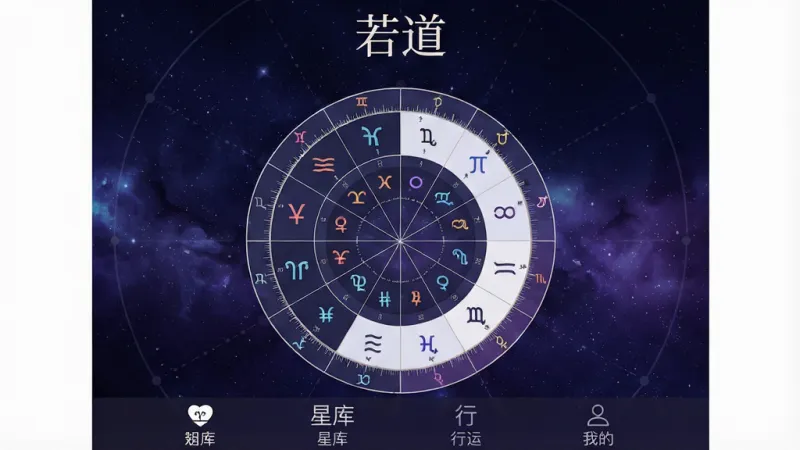 一张展示若道App核心界面的手机截图，画面中央是一个精美的占星本命星盘，星盘上有清晰的星座符号和宫位划分，背景是深邃的星空蓝紫色调，App名称“若道”以优雅的字体显示在顶部，底部有星盘、星库、行运、我的四个标签栏，整体风格专业简洁，画质清晰干净，无多余元素