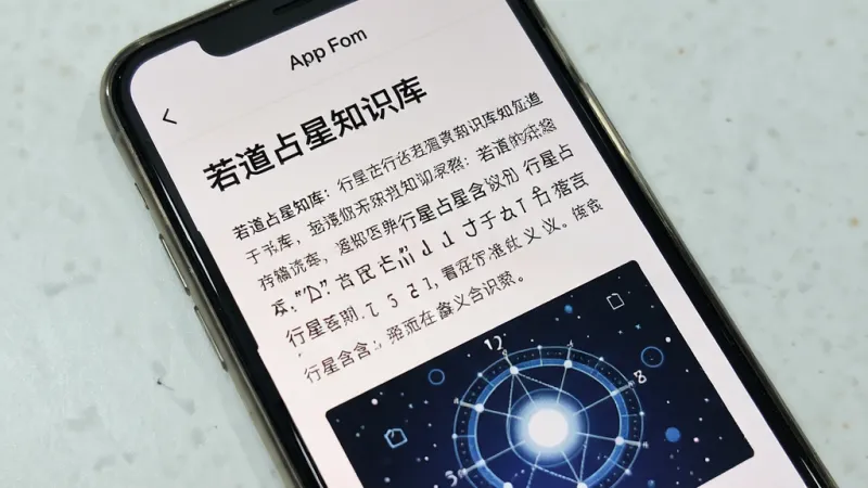 一张展示若道App知识库页面的手机界面图，画面中是一篇关于行星落宫含义的图文文章，标题为“若道占星知识库”，正文有清晰的段落排版和示意图，背景为浅色阅读模式，风格简洁易读，画质干净无多余元素