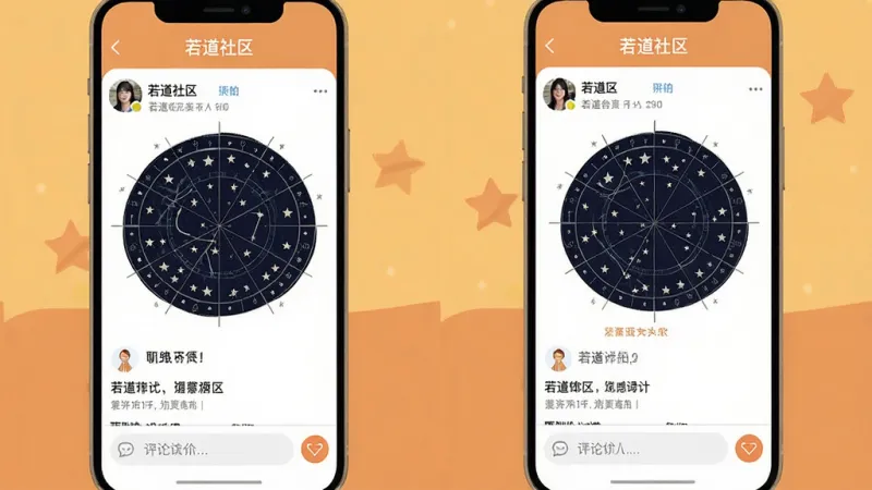 一张展示若道App社区交流页面的手机界面图，画面中显示用户发布的星盘截图和讨论文字，底部有评论输入框，顶部有“若道社区”标题，背景为暖色调，风格亲切友好，画质干净无多余元素