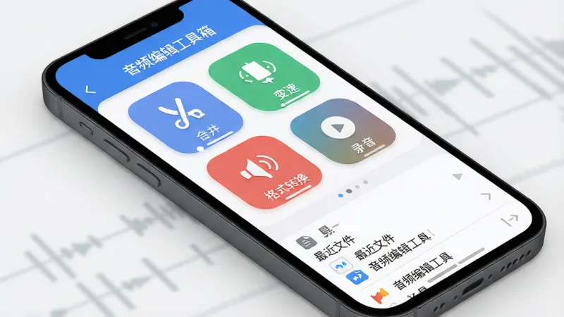 一张展示手机音频编辑工具箱应用界面的图片，主体是一部智能手机屏幕亮起显示音频编辑工具箱主界面，布局为顶部标题栏写着音频编辑工具箱，中间是功能图标网格包含剪切、合并、变速、格式转换、录音等按钮，底部是最近文件列表，风格为现代扁平化设计，细节圆润，画质高清干净无多余元素