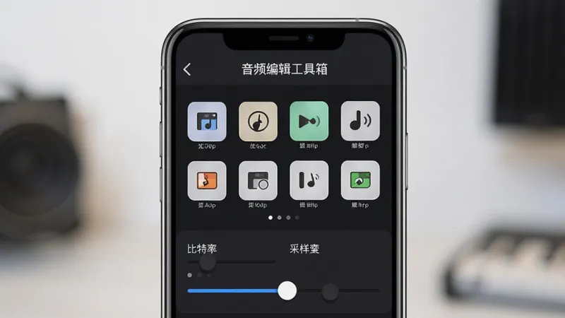 一张展示音频编辑工具箱格式转换功能的图片，主体是手机屏幕显示格式选择界面，布局为顶部显示音频编辑工具箱名称，中间是各种音频格式图标排列成两行，下方有比特率和采样率调节滑块，风格为简洁科技感设计，细节清晰，画质干净无多余元素
