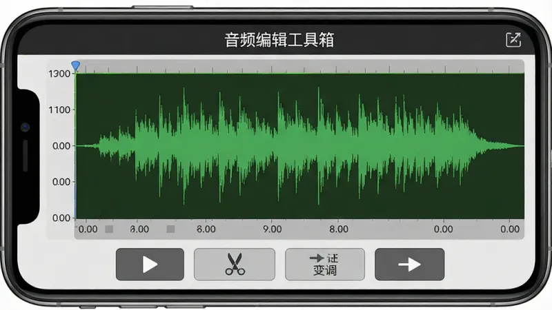 一张展示音频编辑工具箱波形编辑界面的图片，主体是手机屏幕显示绿色音频波形图，布局为顶部标题栏写着音频编辑工具箱，中间是波形图带时间轴刻度，下方有播放、剪切、变速、变调等操作按钮，风格为专业音频软件风格但界面简洁，细节清晰，画质干净无多余元素