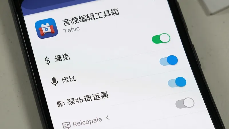 一张展示音频编辑工具箱权限设置界面的图片，主体是手机屏幕显示应用权限管理页面，布局为顶部显示音频编辑工具箱图标和名称，中间列出存储、麦克风、后台运行等权限开关，风格为安卓系统设置界面风格，细节清晰，画质干净无多余元素