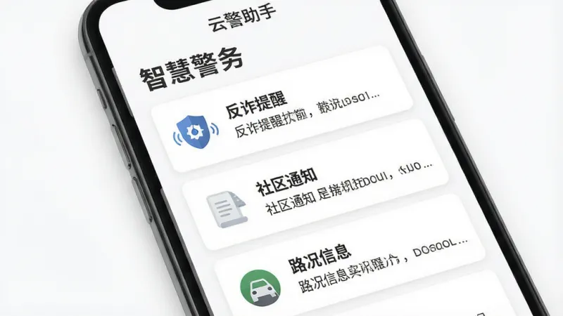 一个手机界面展示“云警助手”的资讯页面,页面顶部是“智慧警务”标题,下方列表展示着“反诈提醒”、“社区通知”、“路况信息”等卡片,每个卡片左侧有对应的图标,右侧有简短的文字摘要,整体布局清晰,背景为纯白色,文字为深灰色,风格简约现代,画质干净,无多余元素