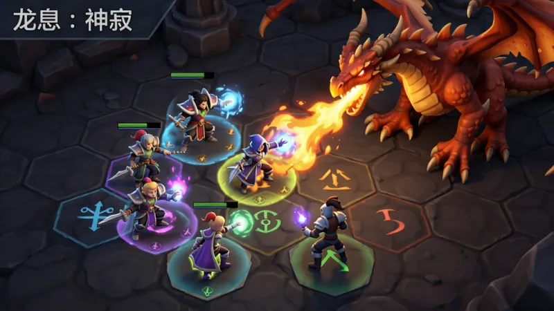 一张“龙息：神寂”游戏战斗场景的AI生图，主体是五位魔幻英雄在六边形格子上与一头火焰巨龙对峙，布局为斜45度俯视视角，排版为战斗界面样式，风格是欧美卡通渲染与暗黑元素结合，细节包括英雄释放技能的光效、地面上的元素克制图标、巨龙喷吐的火焰轨迹，画质清晰，干净，无多余元素