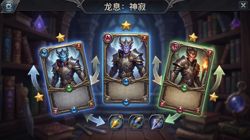 一张展示“龙息：神寂”英雄养成界面的AI生图，主体是三位不同职业的英雄卡牌悬浮在空中，周围环绕着升级箭头、星星和装备图标，布局为三角构图，排版为游戏UI界面风格，风格是精致的魔幻卡牌设计，细节包括卡牌边框的金属质感、英雄立绘的细腻光影、背景的魔法书架，画质高清，干净，无多余元素