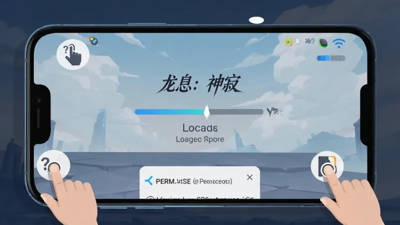 一张展示“龙息：神寂”新手引导界面的AI生图，主体是手机屏幕显示游戏加载画面，屏幕周围有手指点击的图标和问号提示，布局为居中构图，排版为教程插图风格，风格是扁平化科技感，细节包括加载进度条、WiFi信号图标、存储空间指示器和权限弹窗，画质清晰，干净，无多余元素