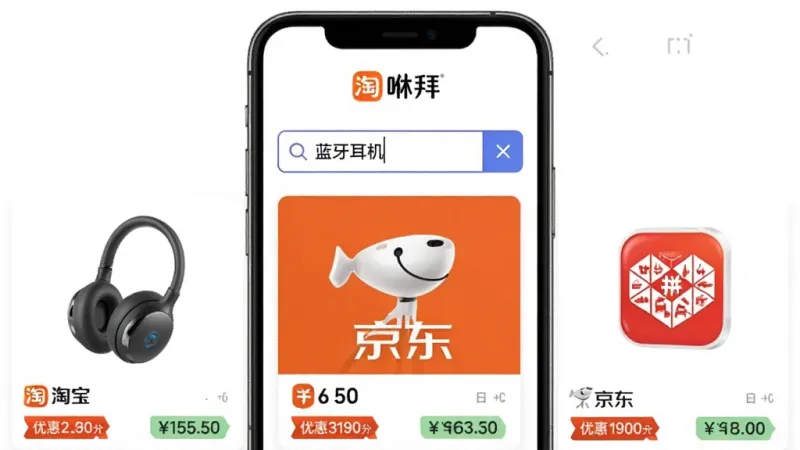 咻拜全网商品搜索功能展示，手机屏幕中间显示搜索框输入“蓝牙耳机”，下方列出淘宝、京东、拼多多三个平台的商品卡片，每张卡片有商品图、价格、优惠券金额和返利金额标签，背景为白色，顶部有咻拜logo，风格简洁明快，画质干净无多余元素