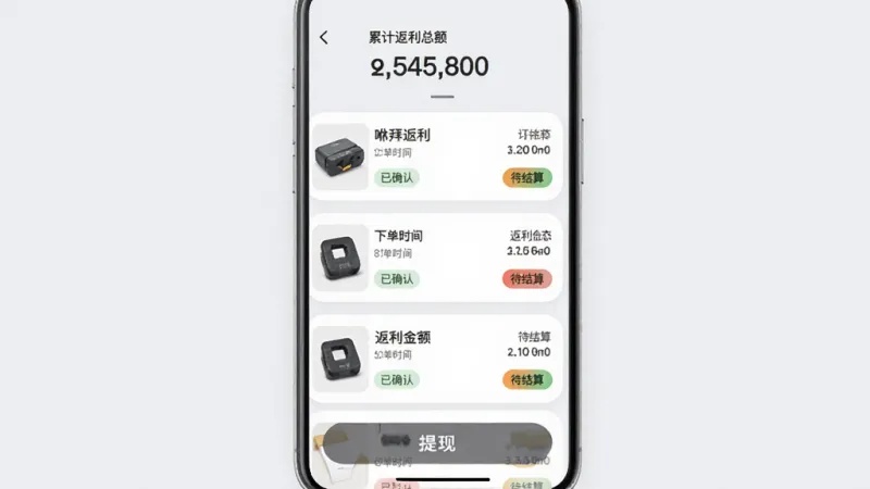 咻拜返利自动追踪功能界面，手机屏幕显示订单列表，每个订单卡片有商品缩略图、下单时间、返利金额和状态标签如“已确认”“待结算”，顶部有累计返利总额数字，背景为浅灰色，底部有提现按钮，风格清爽，画质干净无多余元素
