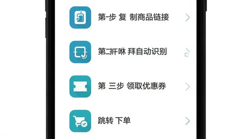 咻拜新手操作流程图，手机屏幕从上到下显示四个步骤图标，第一步复制商品链接，第二步打开咻拜自动识别，第三步领取优惠券，第四步跳转下单，每个步骤配简单文字说明，背景为白色，图标为蓝绿色调，风格简约清晰，画质干净无多余元素