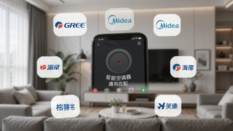 手机红外发射孔对准空调方向，屏幕上显示万能空调遥控器通用通正在匹配空调，画面中有格力、美的、海尔等品牌图标环绕，背景是客厅场景，风格写实科技感，画质干净无多余元素