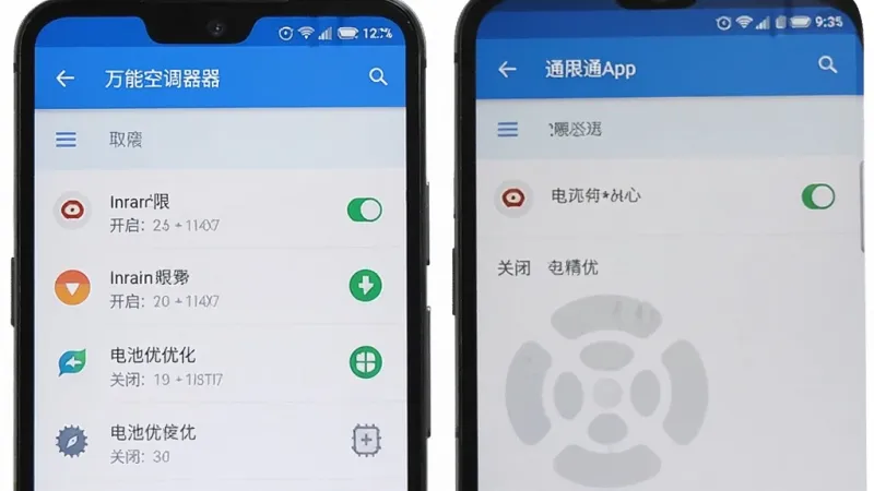 万能空调遥控器通用通App在手机上的权限设置界面，显示红外权限已开启，电池优化已关闭，背景是安卓系统设置页面，风格简洁明了，画质干净无多余元素