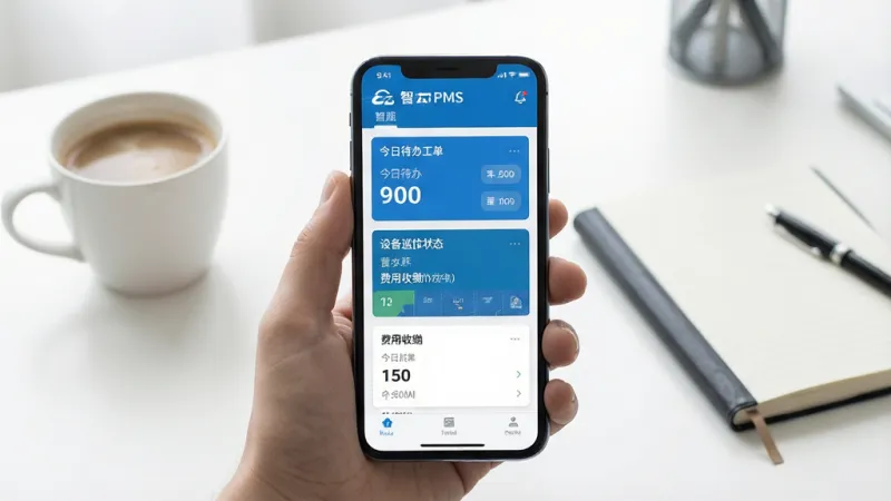 一张展示智云PMS软件核心全貌的场景图,画面中央是一部智能手机,屏幕上显示智云PMS的主界面,包含今日待办工单、设备巡检状态和费用收缴数据卡片,界面风格为现代扁平化设计,蓝白配色,背景是简洁的办公室桌面,桌面上有一杯咖啡和一本笔记本,光线明亮柔和,画质干净清晰,无多余元素,整体呈现移动办公的高效氛围