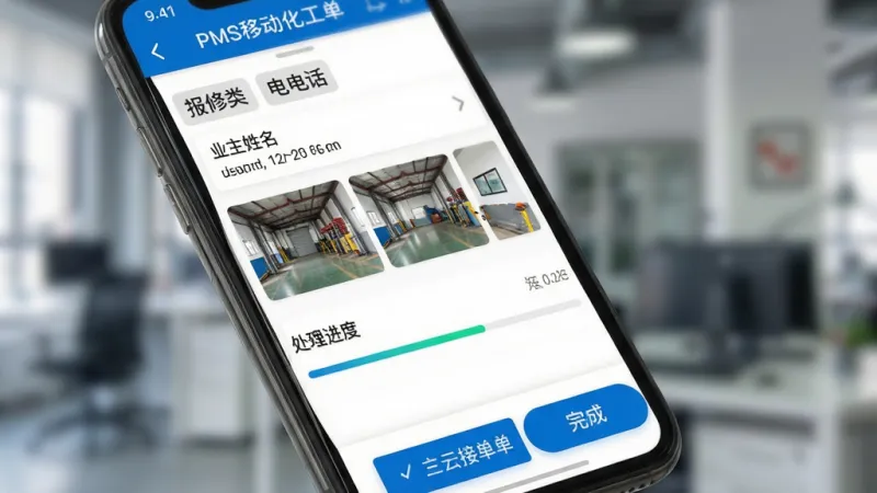 智云PMS移动化工单管理界面展示,画面主体为手机屏幕特写,屏幕内显示工单详情页,包含报修类型标签,业主姓名和电话,现场故障照片缩略图,处理进度条,底部有蓝色的接单和完成按钮,背景虚化处理,突出手机屏幕内容,风格简洁商务,画质锐利,文字清晰可辨,无杂乱元素