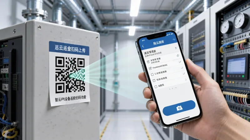 智云PMS设备巡检扫码功能展示图,画面中一只手拿着手机正在扫描贴在设备上的二维码标签,手机屏幕显示巡检项目检查清单和拍照上传按钮,背景是现代化的设备机房环境,有管道和仪表盘,光线充足,风格写实,细节丰富,画质干净,无多余元素