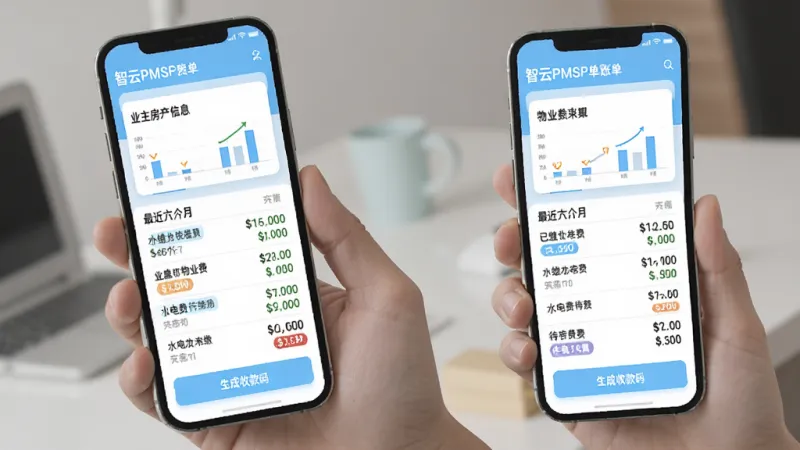 智云PMS费用账单查询界面展示,手机屏幕显示业主房产信息卡片,下方列出最近六个月的物业费和水电费账单明细,包含已缴和待缴状态标签,底部有生成收款码按钮,界面以白色和浅蓝色为主色调,数据图表清晰,风格现代简洁,画质干净,无多余元素
