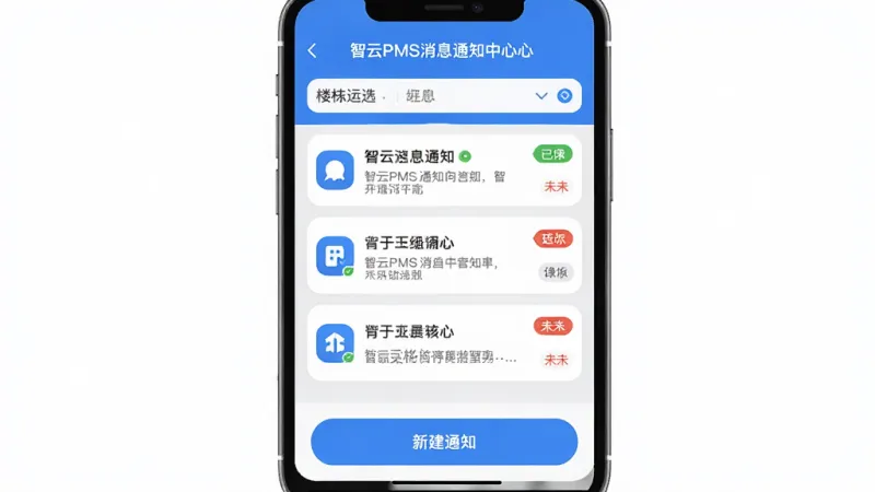 智云PMS消息通知中心界面展示,手机屏幕显示通知列表,每条通知带有已读和未读状态标签,顶部有按楼栋筛选的选项,底部有新建通知按钮,界面风格清爽,图标设计圆润,配色以蓝白灰为主,画质清晰,无杂乱元素