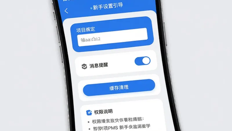 智云PMS新手设置引导界面展示,手机屏幕显示基础设置页面,包含项目绑定输入框、消息提醒开关、缓存清理按钮和权限说明列表,界面以卡片式布局呈现,蓝白配色,图标简洁明了,背景是浅灰色,风格干净清爽,画质清晰,无多余元素