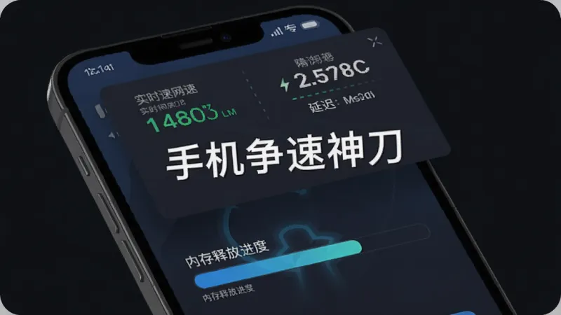 手机争速神刀加速运行中的状态展示，手机屏幕上方悬浮窗显示实时网速和延迟数据，下方有内存释放进度条，画面中带有“手机争速神刀”名称，整体布局紧凑，数据可视化清晰，风格现代扁平，画质干净
