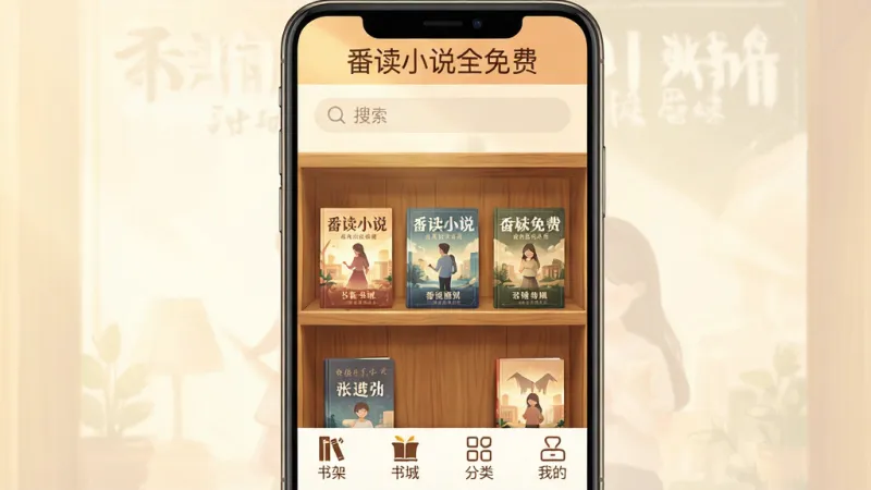 一张手机屏幕截图风格的插画，展示“番读小说全免费”App的主界面，界面中央是木质纹理的书架，上面摆放着几本封面精美的小说，顶部有搜索栏，底部有书架、书城、分类、我的四个图标，整体色调温暖舒适，光线柔和，画质干净清晰，无多余元素