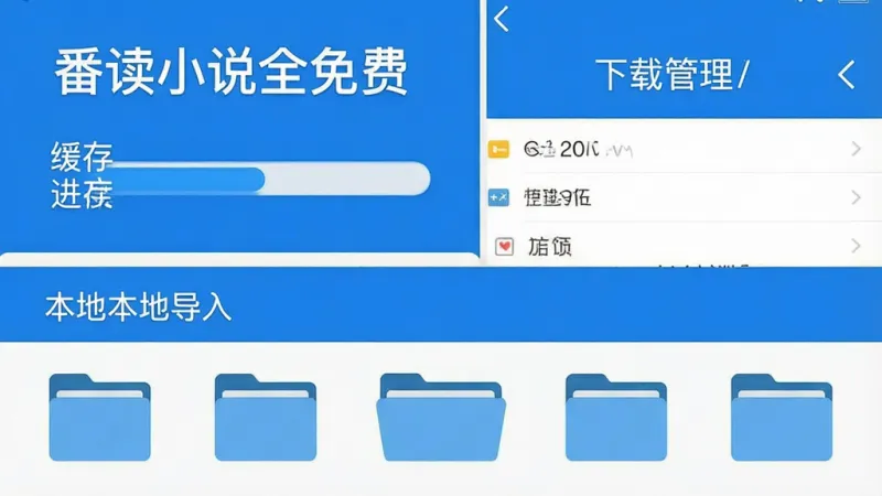 一张手机界面展示图，画面上半部分显示“番读小说全免费”的缓存进度条和下载管理界面，下半部分展示本地导入的文件夹图标，整体布局清晰，以蓝色和白色为主色调，风格清爽扁平，文字标签明确，画质干净无多余元素
