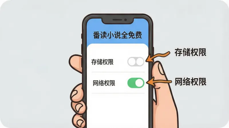 一张卡通风格的操作指引图，画面中一只手拿着手机，手机屏幕上显示“番读小说全免费”的权限设置界面，旁边有箭头指向“存储权限”和“网络权限”的开关，背景是简洁的浅灰色，风格清新易懂，画质干净无多余元素
