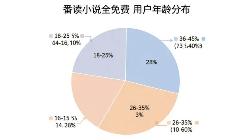 一张数据统计图表，展示“番读小说全免费”用户年龄分布，图表类型为饼状图，分为18-25岁、26-35岁、36-45岁、46-60岁四个区块，分别标注百分比，配色柔和清晰，背景干净，无多余装饰