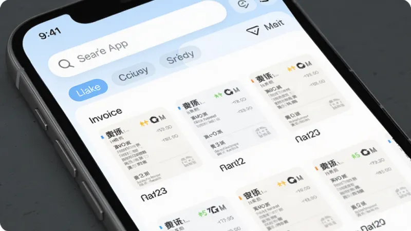 差旅管家App内票据管理界面的特写图,手机屏幕展示多张电子发票缩略图按时间排列,顶部有搜索框和筛选标签,界面以白色和浅蓝色为主,风格清爽现代,画质清晰干净无多余元素