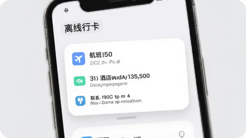 差旅管家App离线行程卡功能展示图,手机屏幕显示一张包含航班号、酒店地址和联系电话的卡片,背景为浅灰色,卡片有圆角阴影,风格简洁实用,画质干净无多余元素