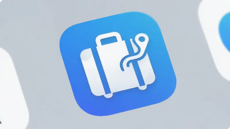 差旅管家App在手机桌面的图标特写图,图标为蓝色圆角方形,中间有白色行李箱和路线图案,背景为浅灰色桌面壁纸,风格简洁清晰,画质干净无多余元素