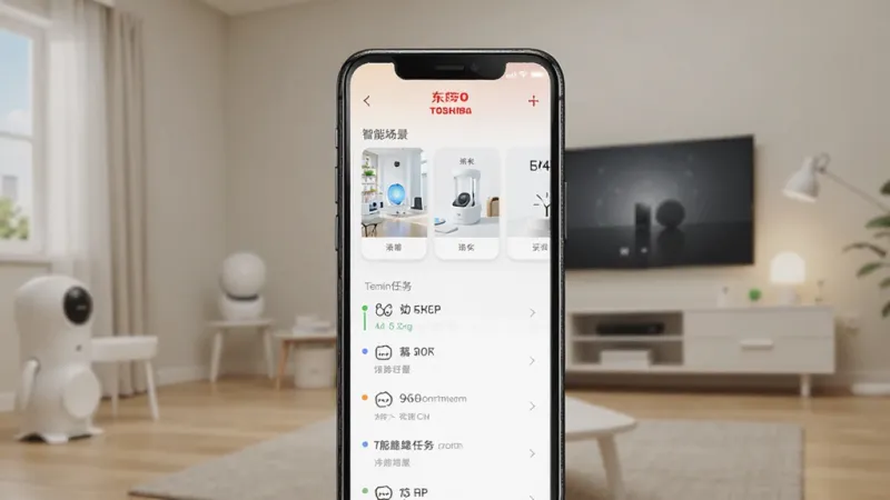一张展示东芝空调App智能场景设置界面的手机样机图，画面中手机屏幕显示场景卡片和定时任务列表，背景是智能家居环境，风格科技感，画质干净，无杂乱元素