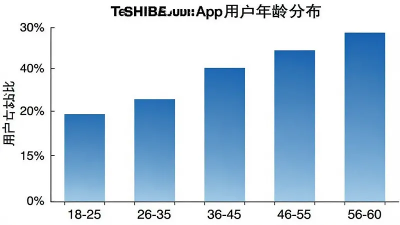 一张展示东芝空调App用户年龄分布柱状图的图片，横轴为年龄段18-25、26-35、36-45、46-55、56-60，纵轴为用户占比百分比，柱状图颜色为蓝色渐变，背景白色，风格简洁数据可视化，画质清晰，无多余装饰