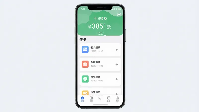 云八赚 手机应用主界面 居中展示 布局清晰 顶部显示今日收益金额 中间为任务卡片列表 底部导航栏 风格简洁现代 扁平化设计 浅色背景 干净无多余元素 高清画质