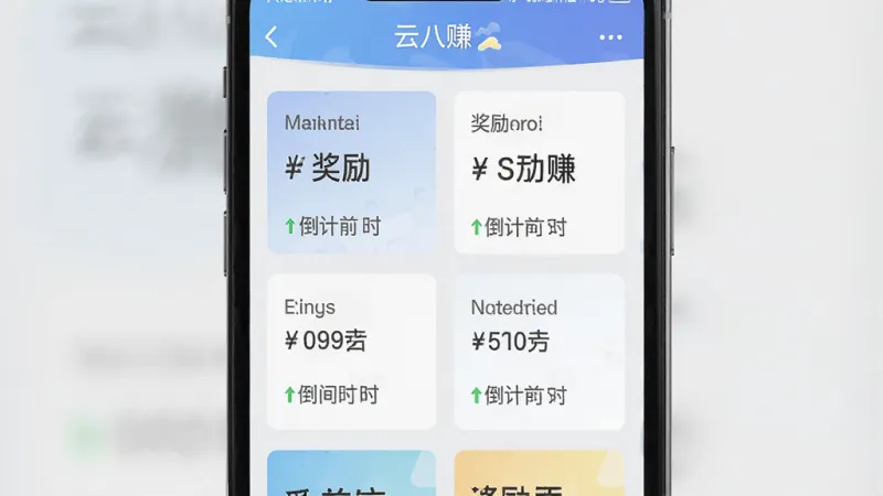 云八赚 任务大厅界面 手机屏幕中展示多个任务卡片 每张卡片标注奖励金额和倒计时 背景为浅灰色 风格简洁 文字清晰 无杂乱元素 高清画质